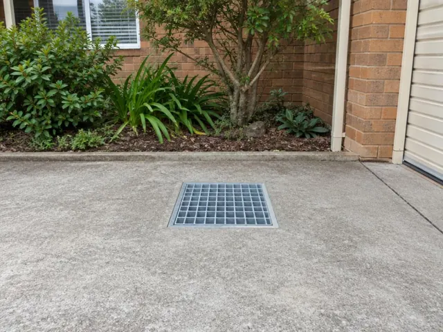 Outdoor concrete drain grate in a tidy paved courtyard beside brick walls and garden beds in Dee Why