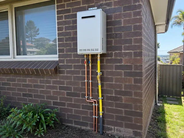 Wall-mounted hot water unit on a brick house exterior with copper and gas pipework in Curl Curl